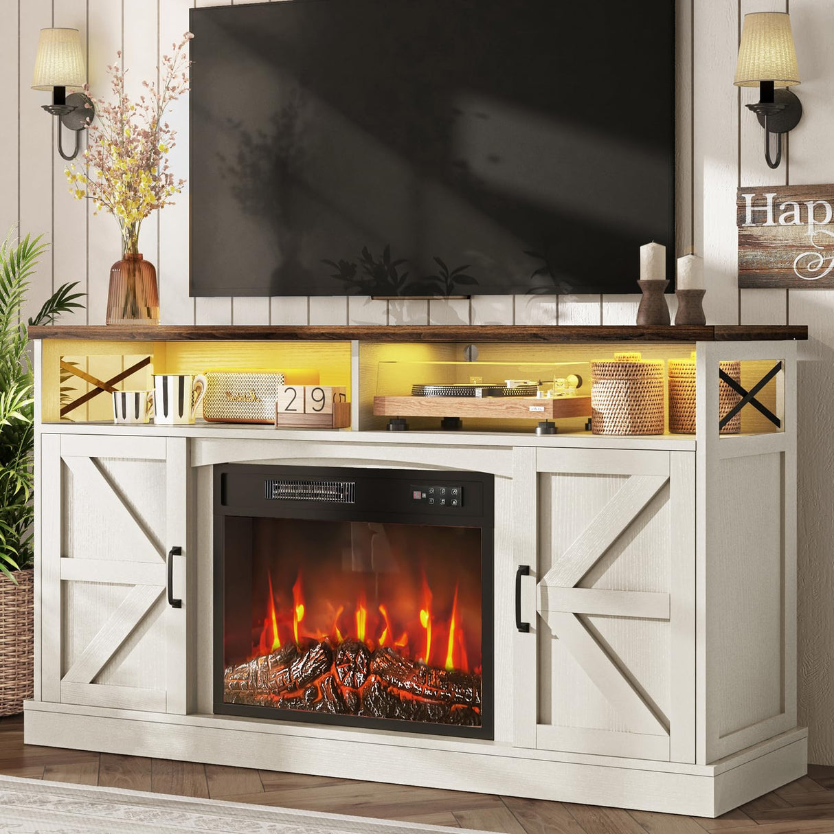 59-Inch TV Stand with Electric Fireplace and LED Lights
