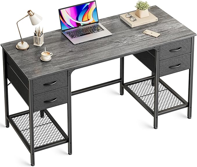 55 Inch Computer Desk with 4 Drawers, Office Desk with Mesh Shelf