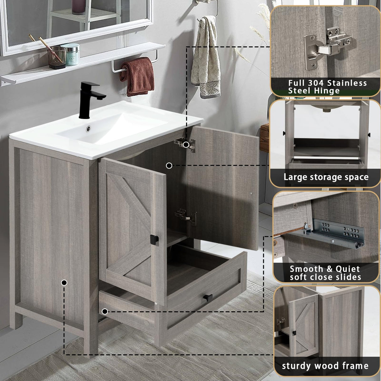 KGAR 30" Bathroom Vanity Grey Modern Bathroom Storage Cabinet,Without Sink