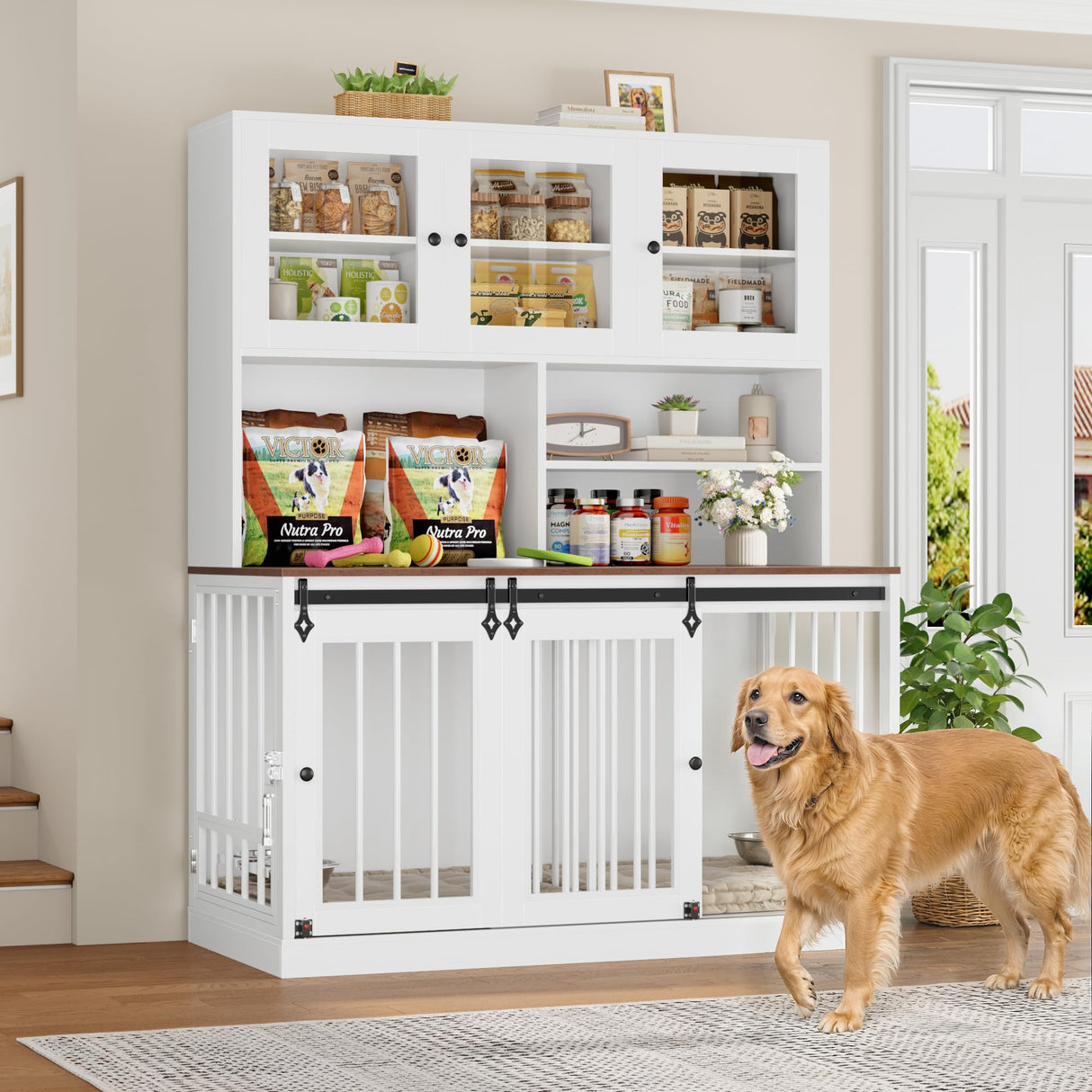 Large Dog Crate Furniture with Hutch - 71"H x 55"L Indoor Kennel