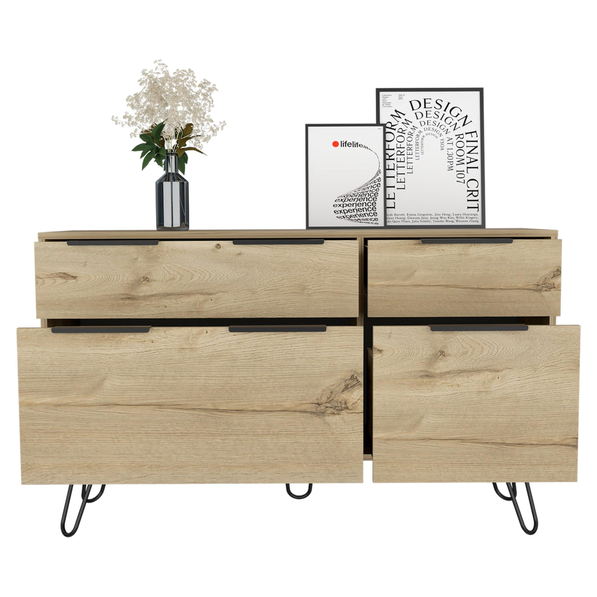 Augusta Double Dresser, Superior Top, Hairpin Legs, Four Drawers -Light Oak