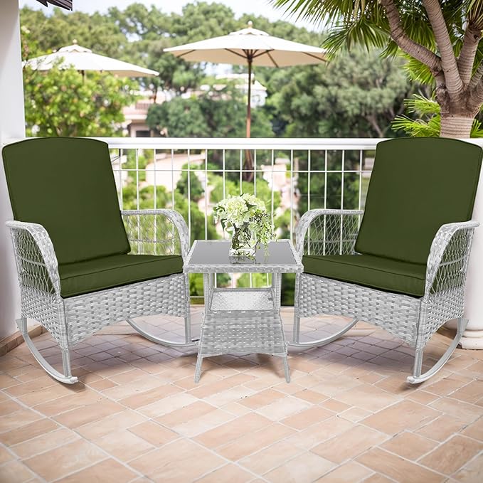 3 pcs Rocking Bistro Set Conversation Chairs PE Wicker Outdoor Chairs(Rocking Set,Khaki)