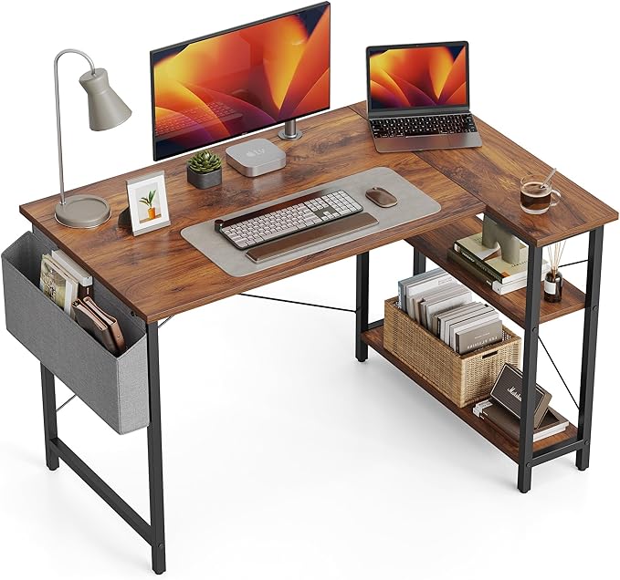L Shaped Desk, 40 Inch Computer Desk with Reversible Storage Shelves Home Office Corner Desk Study Writing Table, Deep Brown