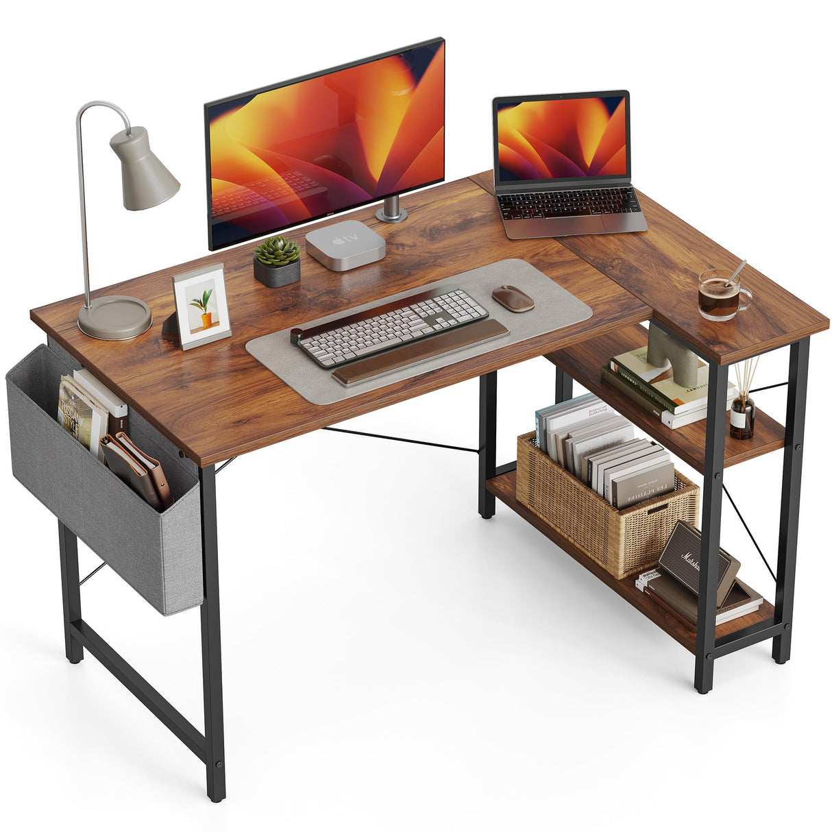 L Shaped Desk, 40 Inch Computer Desk with Reversible Storage Shelves Home Office Corner Desk Study Writing Table, Deep Brown