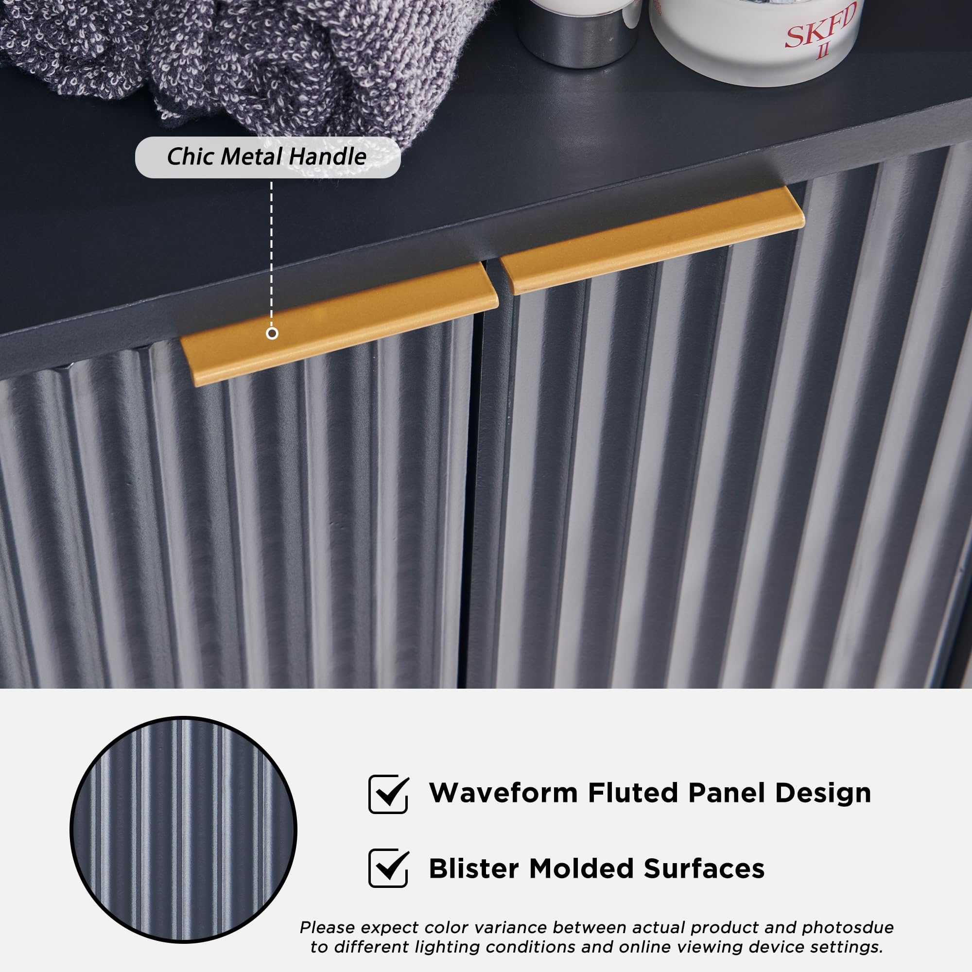 68" Tall Corner Cabinet, Modern Fluted Storage Cabinet with Faux Marble Top & Adjustable