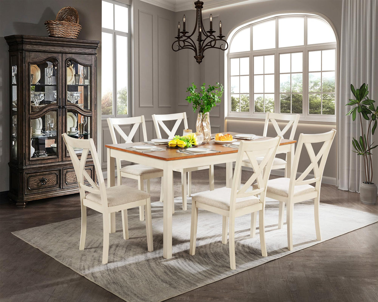 7-Piece Solid Wood Dining Table Set, 60" Farmhouse Dining Table with 6 Chairs, Rectangular Table Set for 6