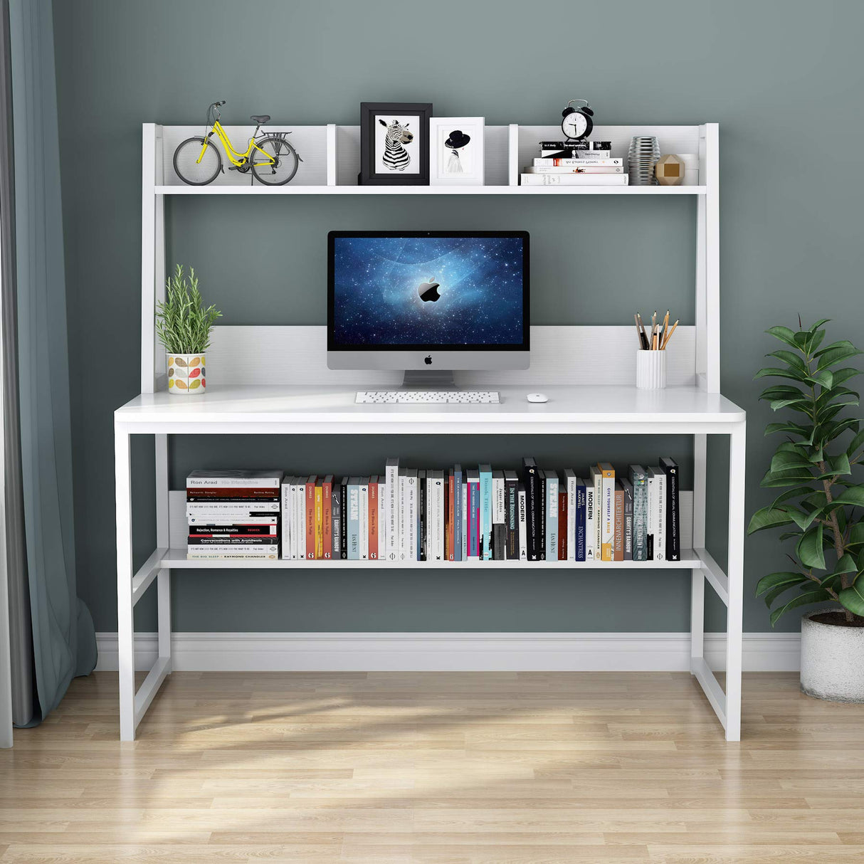 Computer Desk with Hutch, 47 inches Home Office Desk with Space Saving Design with Bookshelf for Small Spaces
