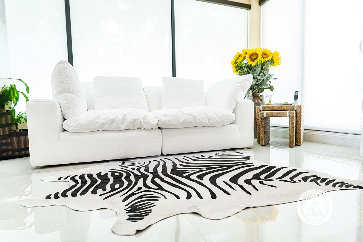 100% Genuine Zebra Print Black on Off White Cowhide Rug - Modern Style Animal