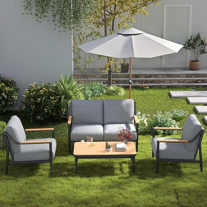 Outdoor Patio Sofa Conversation Set–Rattan 4 Seats Comfortable Couch for Garden