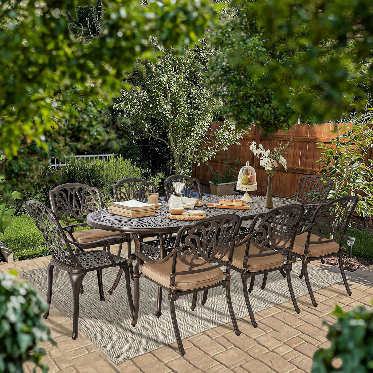 Patio Dining Table, 87" Outdoor Patio Table with Umbrella Hole Bronze Oval Cast