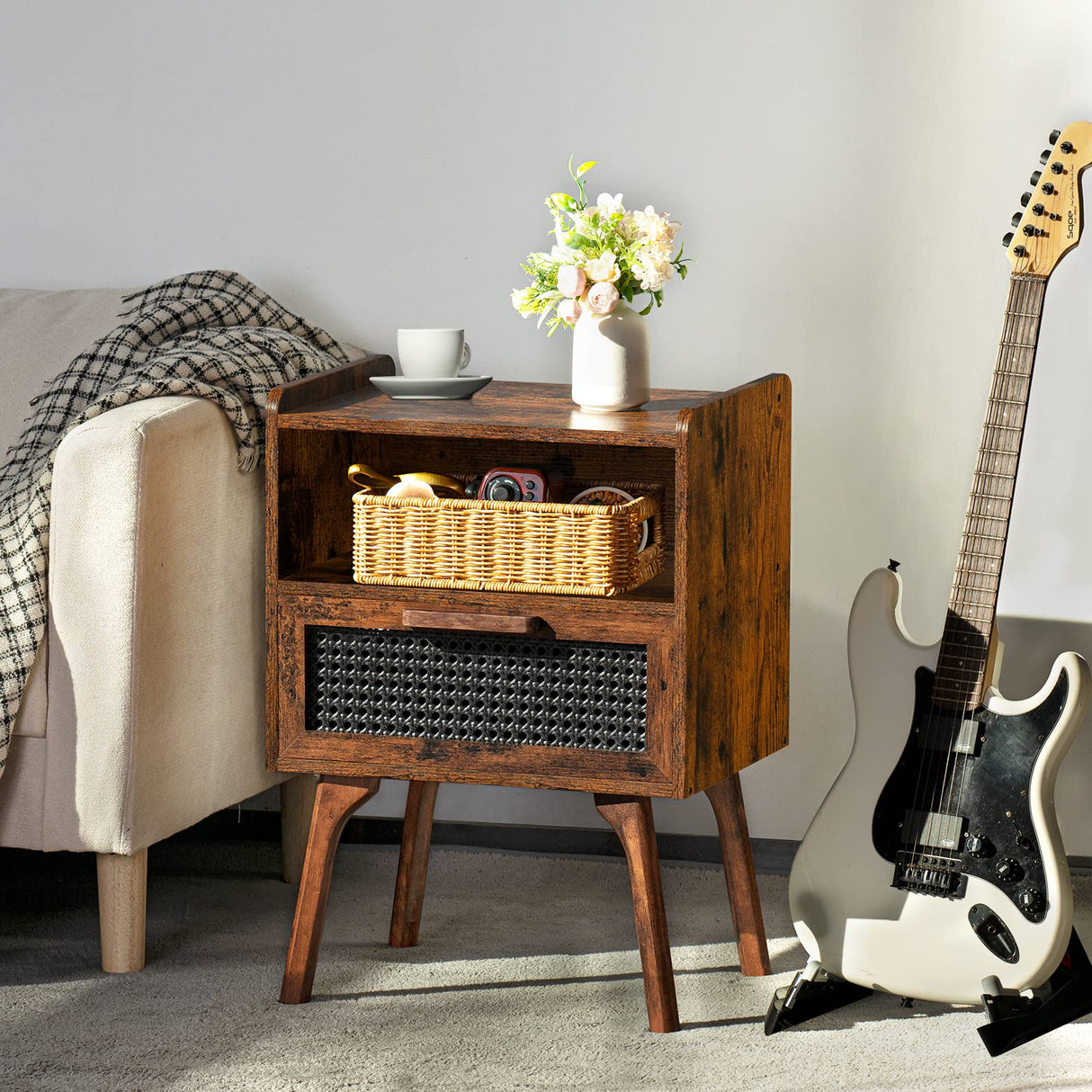 Rattan Nightstands Set of 2, Boho Side Table
