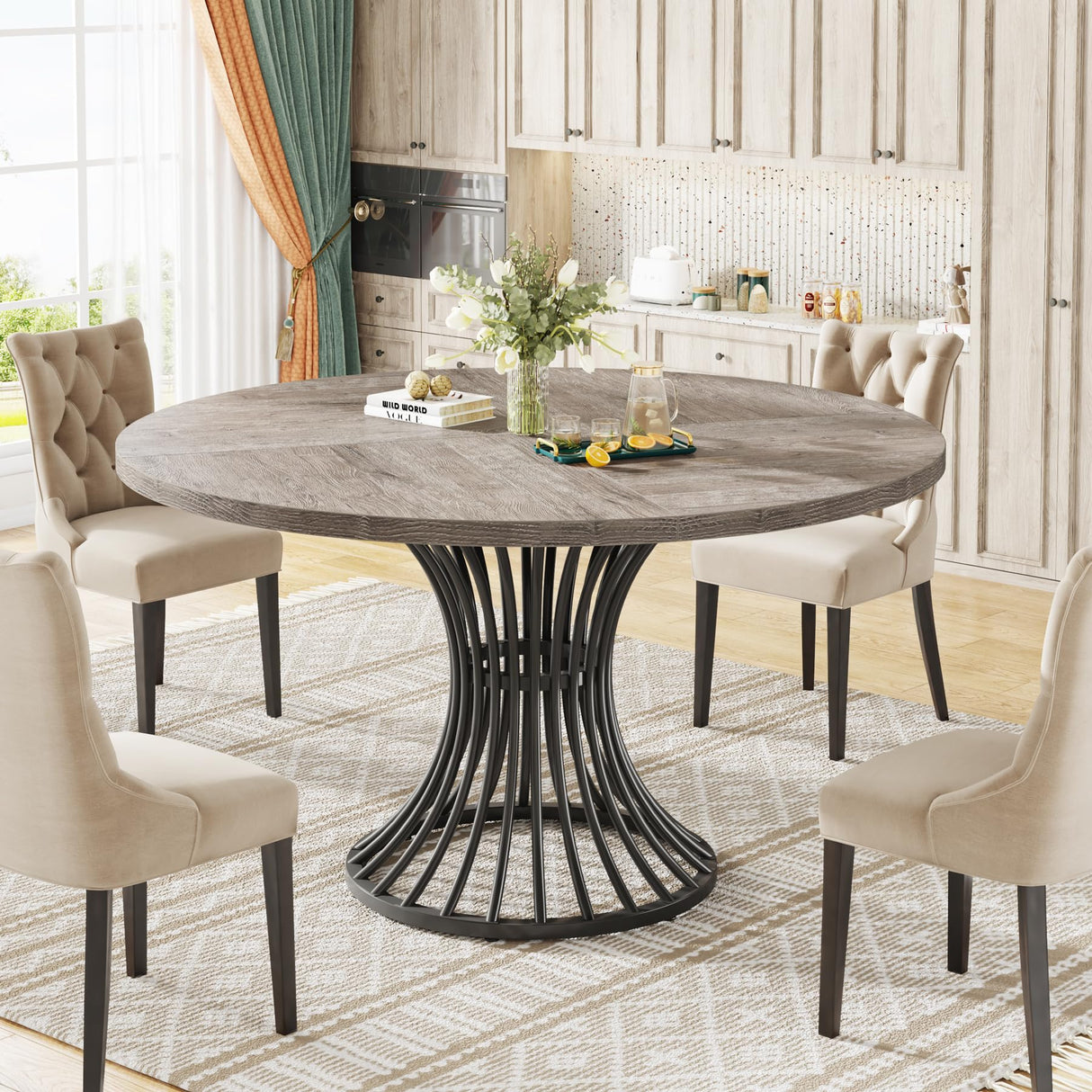 47-Inch Round Dining Table - Farmhouse Industrial Style with Metal Base