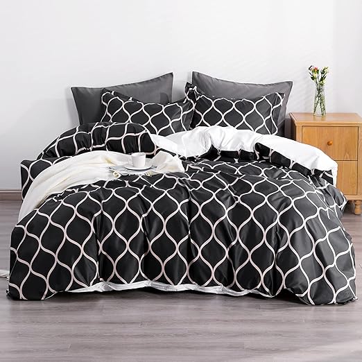 3 Pieces 100% Brushed Microfiber Striped Duvet Cover Set, Super Soft Black and