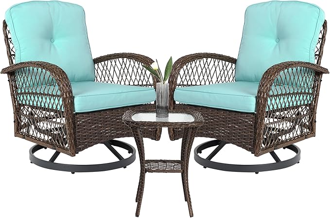 3-Piece Swivel Patio Bistro Set - 360° Rattan Wicker Rocker Chairs with Cushions
