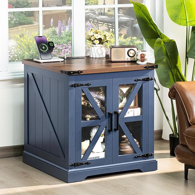 24" End Table Set of 2 with Charging Station, Farmhouse Night Stand with Glass Barn Door