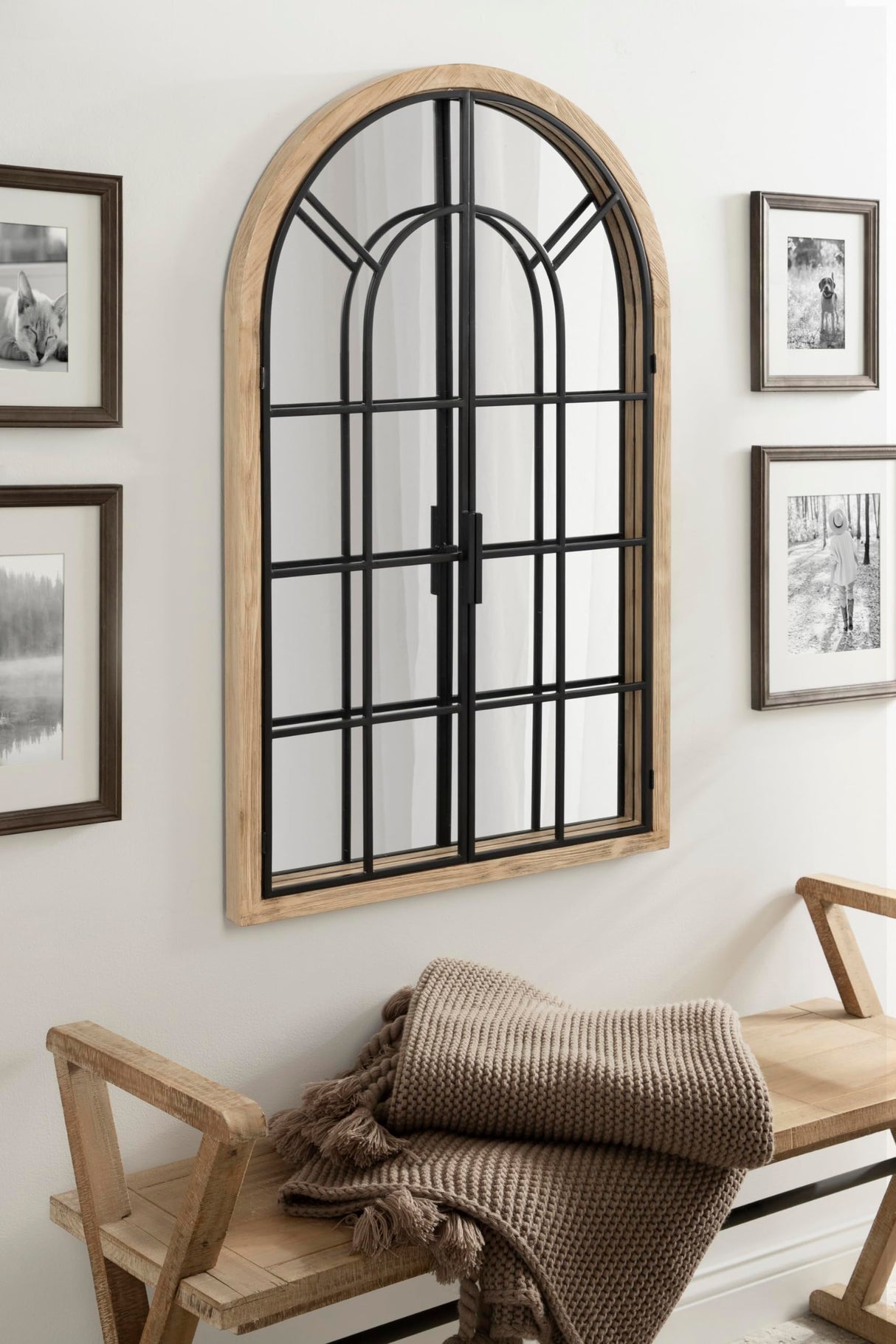 Boldmere Rustic Windowpane Arch Mirror, 26 x 42, Natural Brown and Black