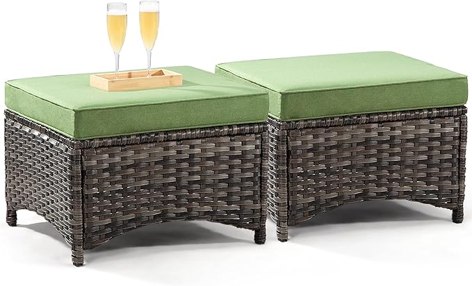 Outdoor Ottomans for Patio Set of 2 PE Wicker Steel Frame Outdoor Footstool