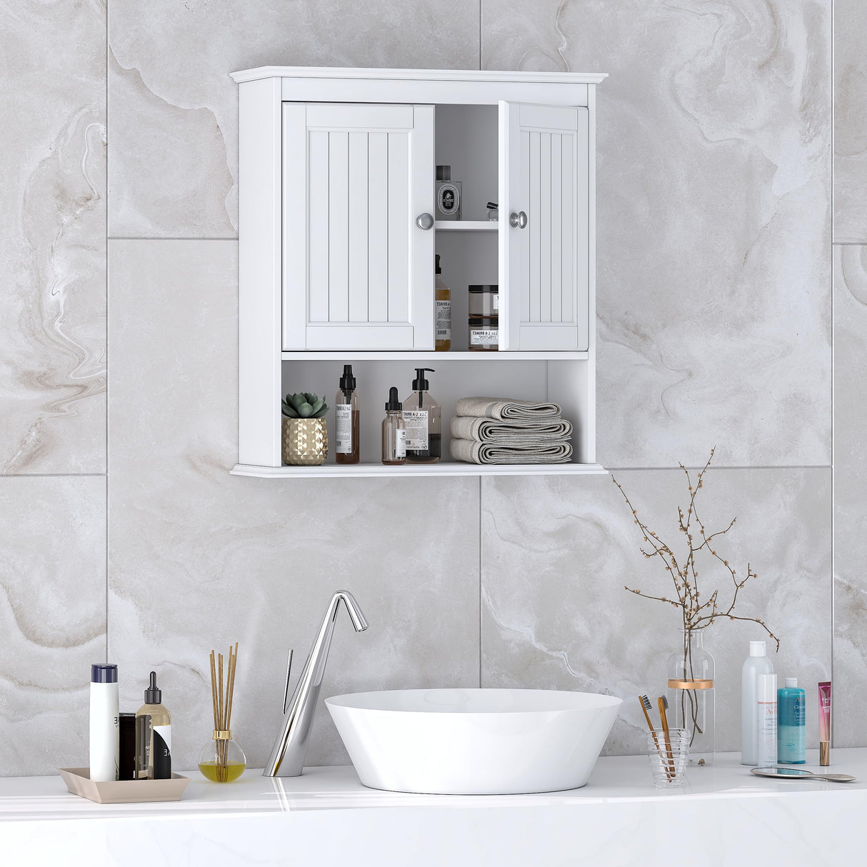 Bathroom Cabinet Wall Mounted with Doors, Wood Hanging Cabinet