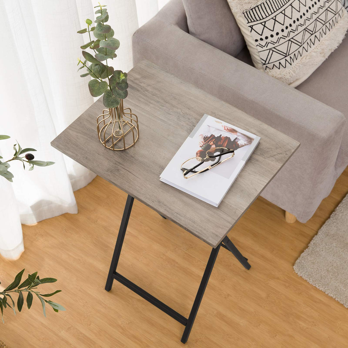 HOOBRO Folding TV Table, TV Tray, Stable Snack Table for Small Space, Portable Sofaside Table, Easy Assembly and Storage, Ideal for Snacks and Meals in Living Room, Greige and Black BG15BZ01