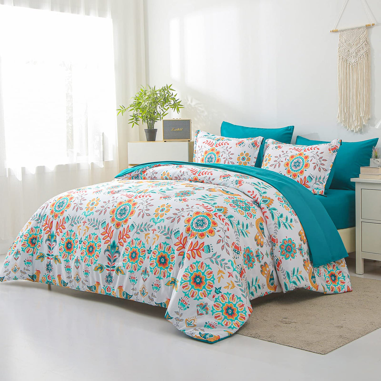 Boho Comforter Set Queen - 7 Pieces Bed in a Bag Floral Medallions Design, Bohemian