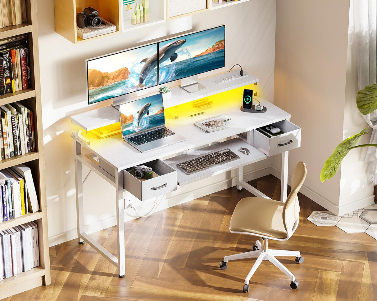 ODK Gaming Desk with Led Lights and Power Outlet, 48 Inch Computer Desk with Drawers and Keyboard Tray, PC Desk with Monitor Stand, Work Desk for Home Office, White