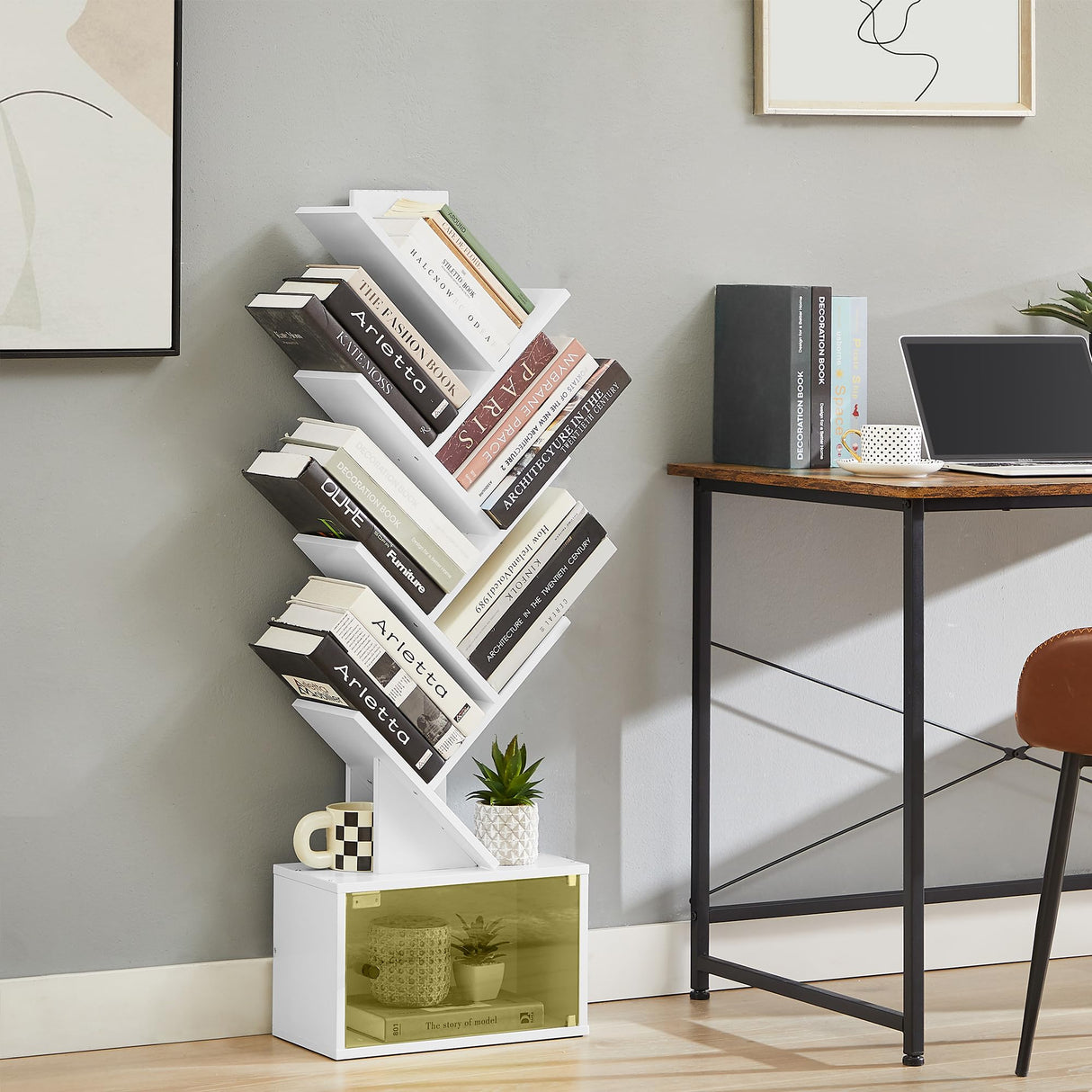 7-Tier Tree Bookshelf with Drawer, Wooden Tree-Shaped Book Display Shelves for CDs/Magazines/Books, FreeStanding Geometric Bookcase Organizers for Home Office, Ivory White