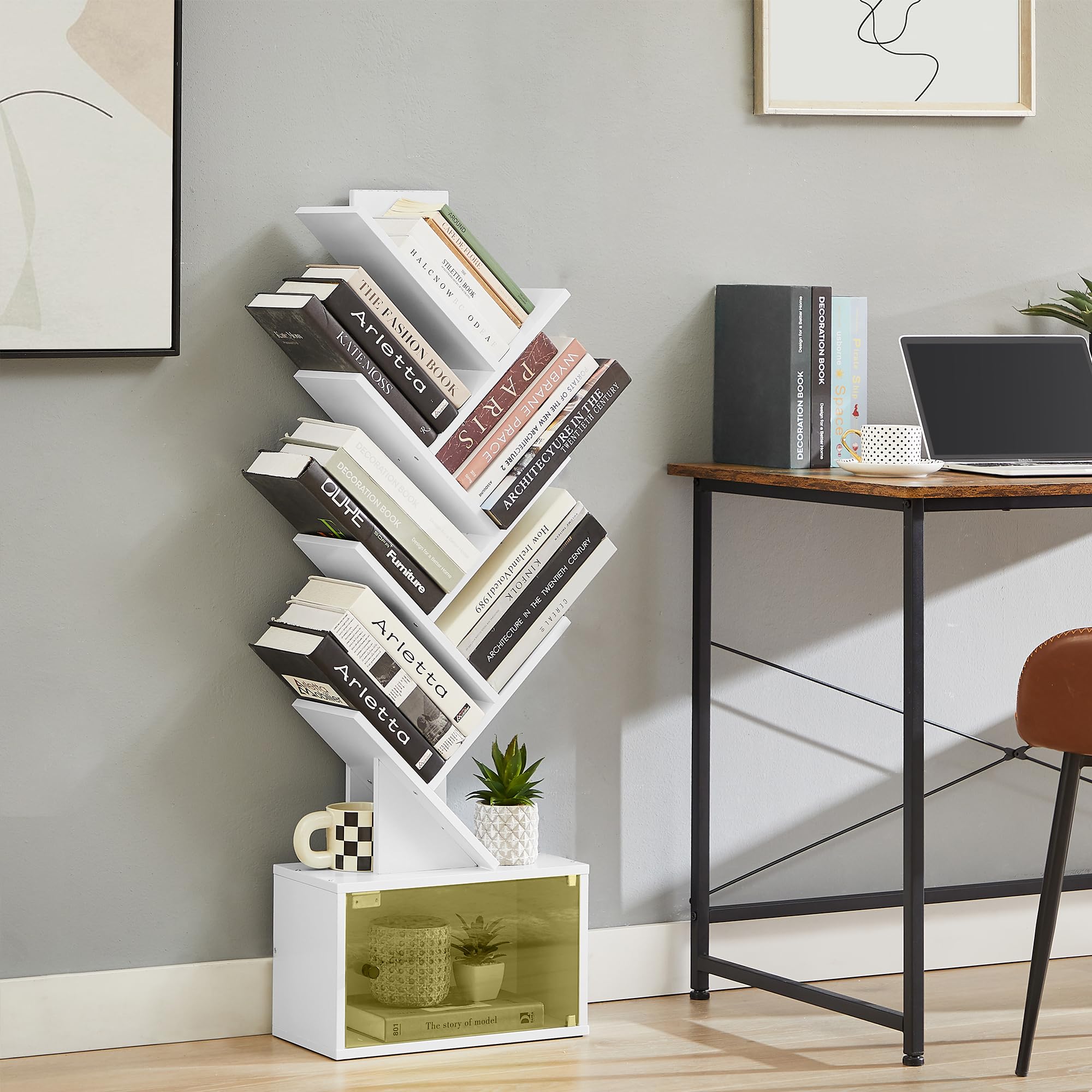 7-Tier Tree Bookshelf with Drawer, Wooden Tree-Shaped Book Display Shelves for CDs/Magazines/Books, FreeStanding Geometric Bookcase Organizers for Home Office, Ivory White