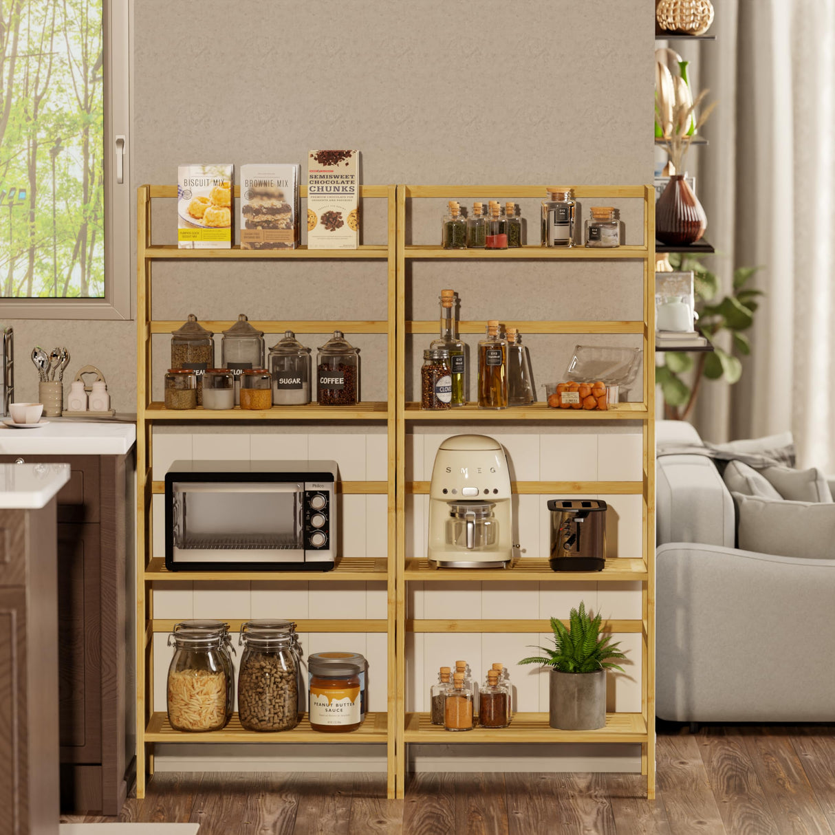 Ladder Shelf, 4-Tier Bookshelf, Bamboo Leaning Bookcase, Display Storage Rack Organizer, Freestanding Flower Plant Stand for Living Room, Home Office, Kitchen, Natural