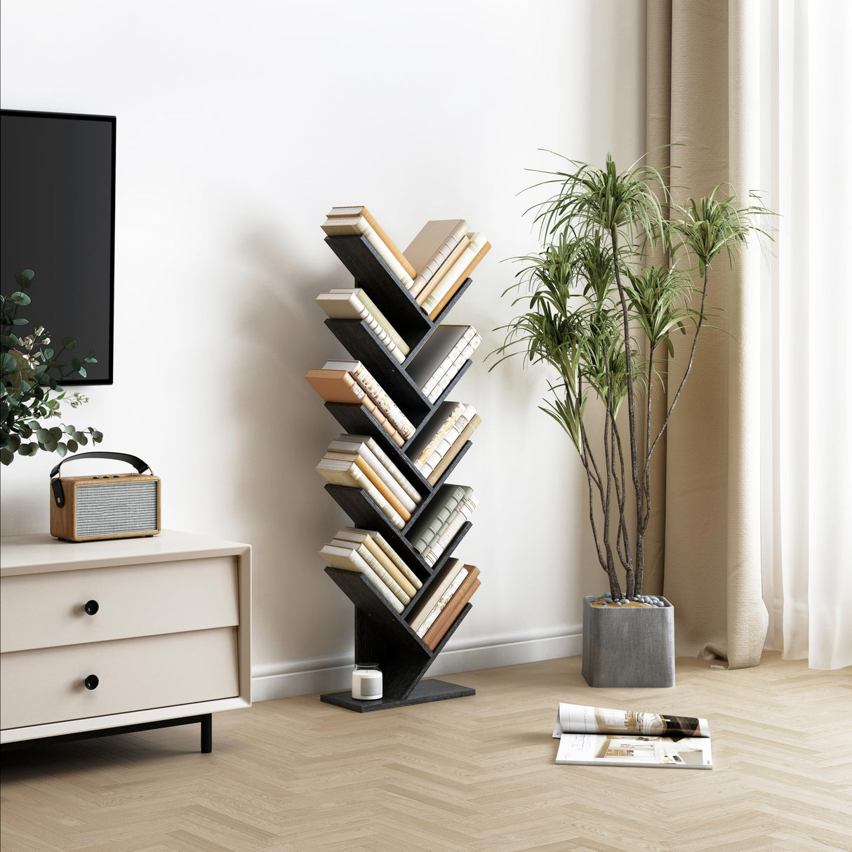 10 Tier Tree Bookshelf, 10 Shelf Bookcase, Free Standing Tree Bookcase, Display Floor Standing Shelf for Books