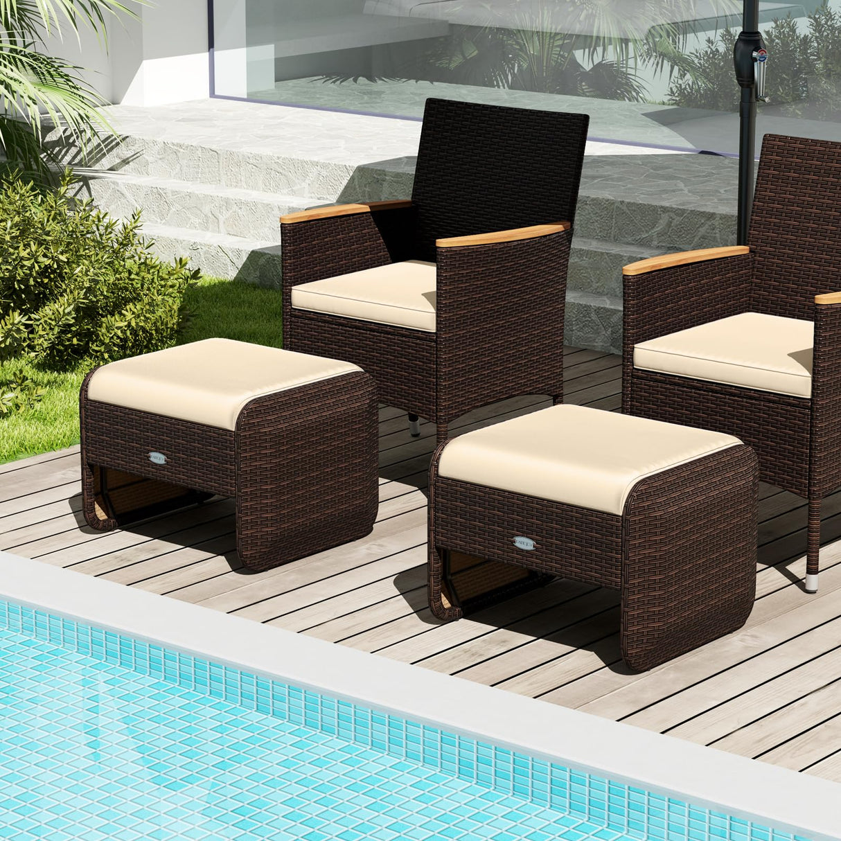 Wicker Outdoor Ottomans for Patio - 2-Piece Rattan Footstools w/Removable Cushions