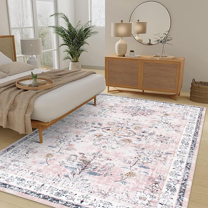 Machine Washable 5x7 Rug, Pink Rugs for Bedroom Girls, Soft Boho Floral Nursery Rug