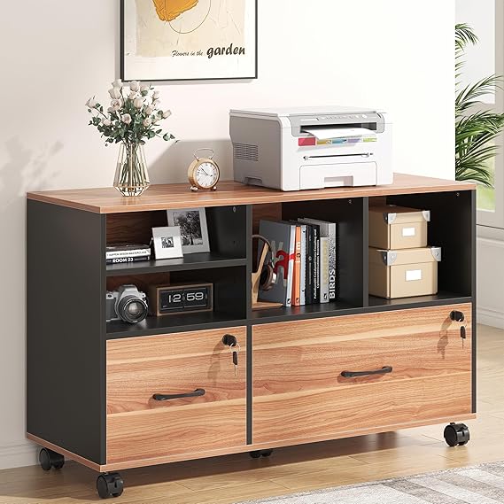 2 Drawer Wood Mobile Large Lateral File Cabinet with Lock, Lockable Rolling Filing Cabinet with Storage Shelves,