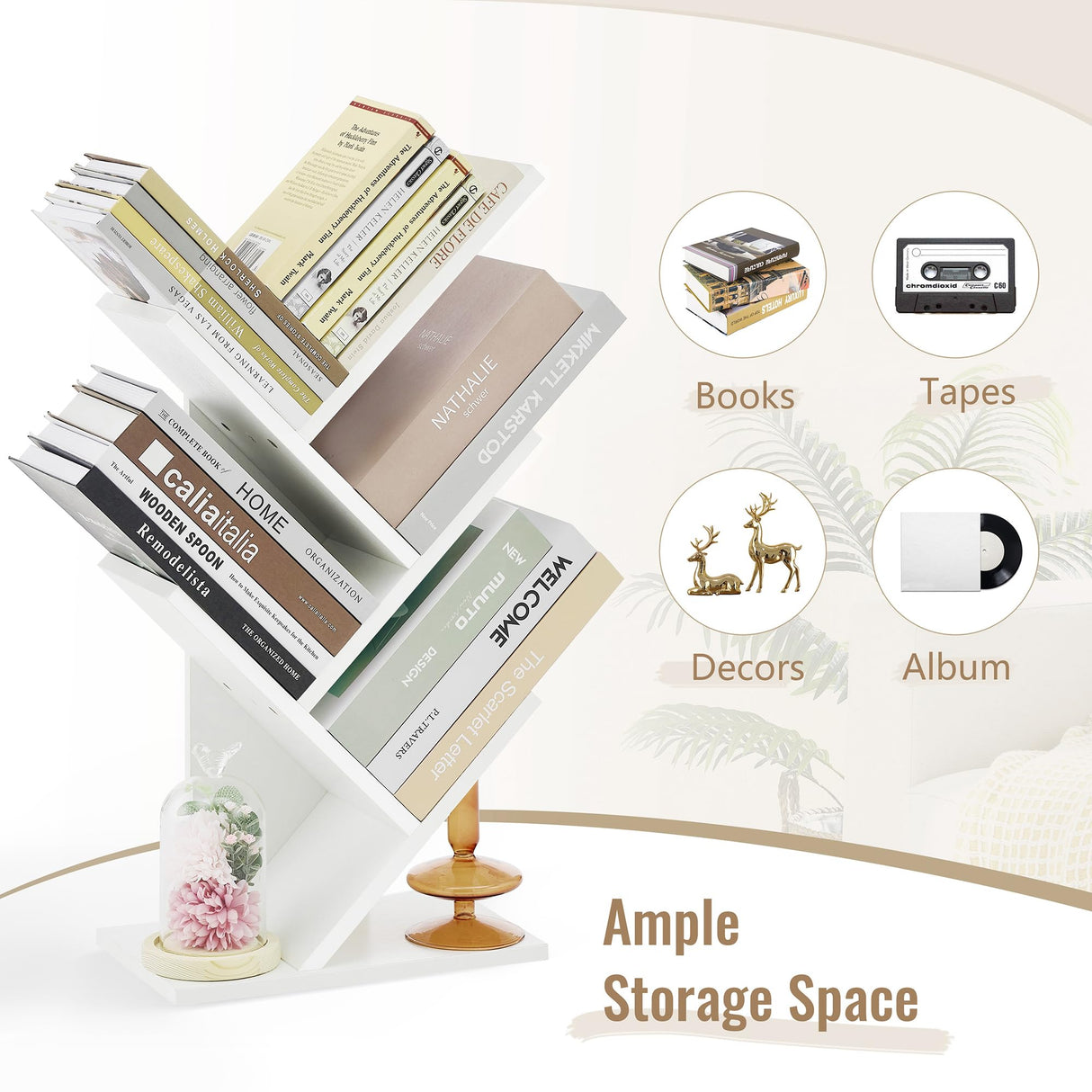 Hoctieon 4 Tier Tree Bookshelf, Small Bookcase, Free Standing Tree Bookcase, Bookshelf for Bedroom, Book Shelf Organizer, Small Bookshelf, White