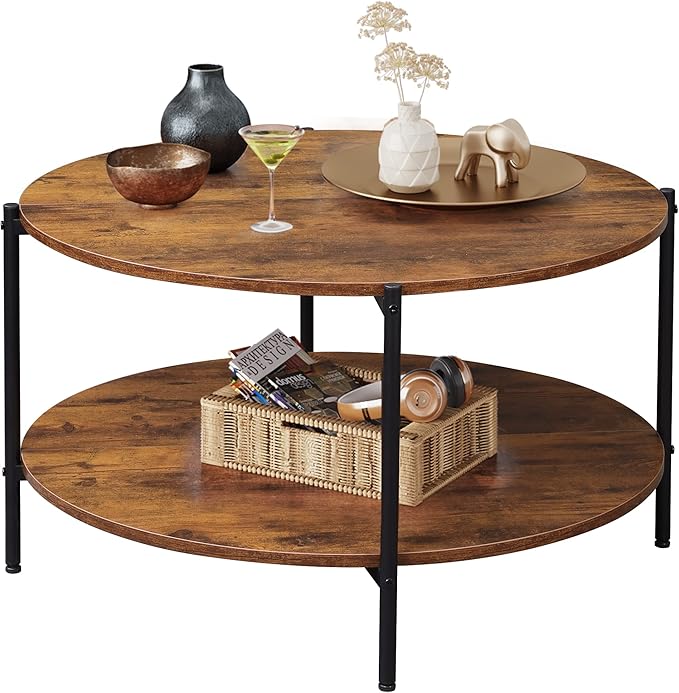 Round Coffee Table, 32.6" Small Coffee Table with Open Storage Shelf