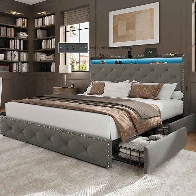 King Size Bed Frame with LED Lights & USB Charging Station