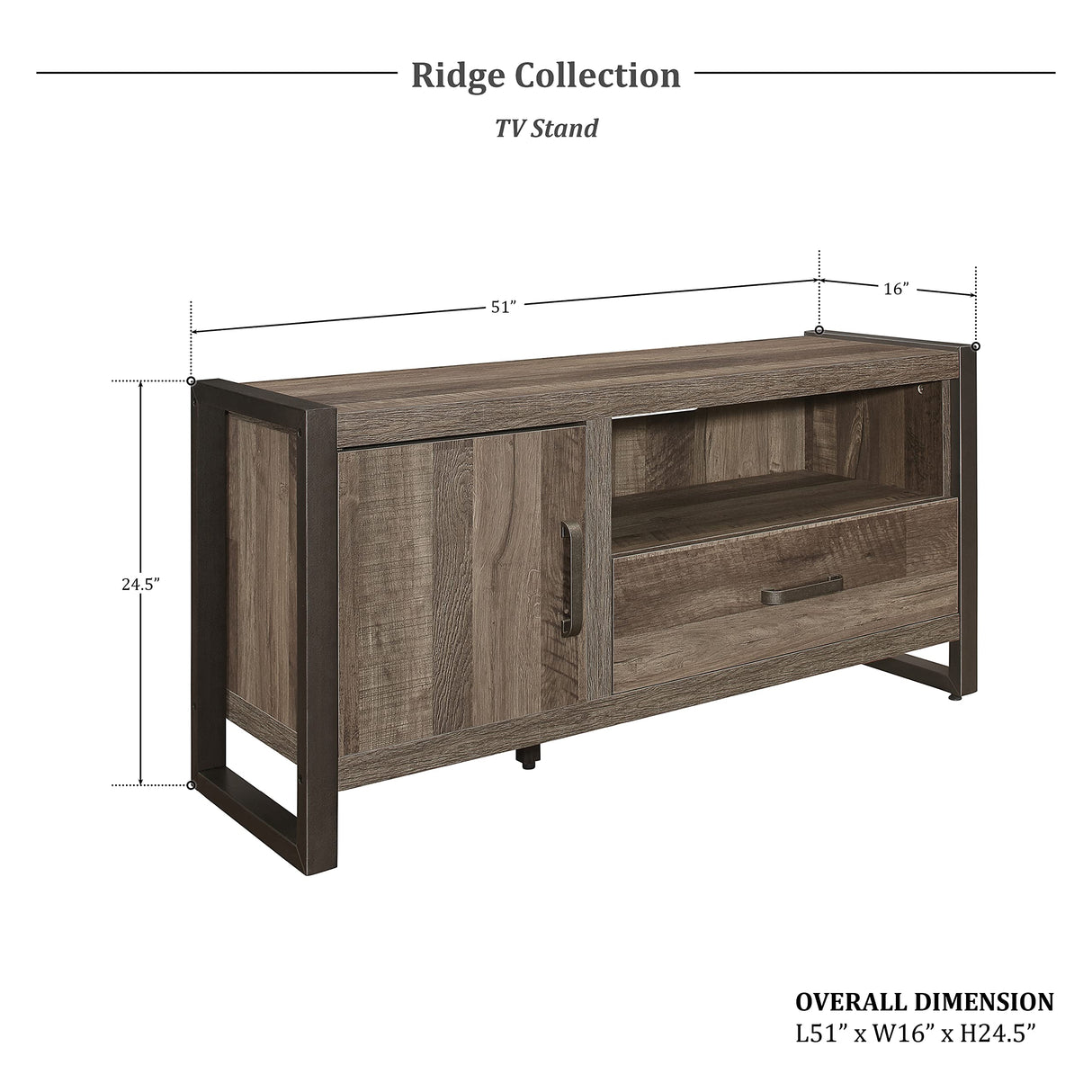 Ridge TV Stand, 51" W, Brown/Gunmetal