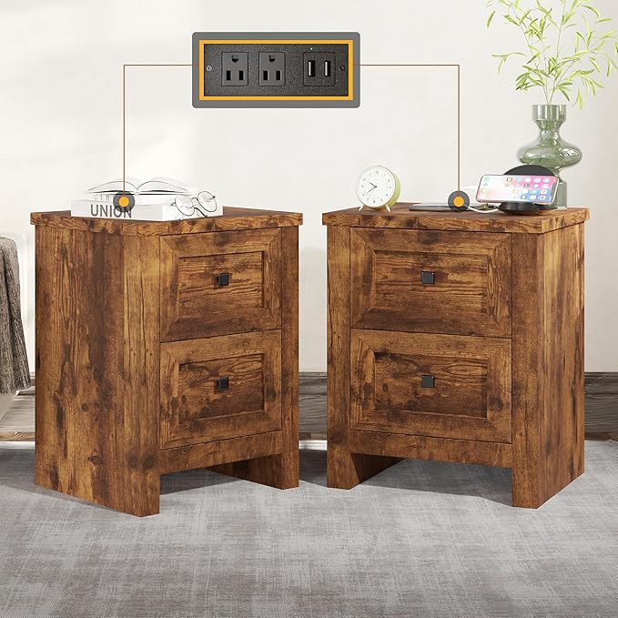 Nightstand Set of 2 with Charging Station