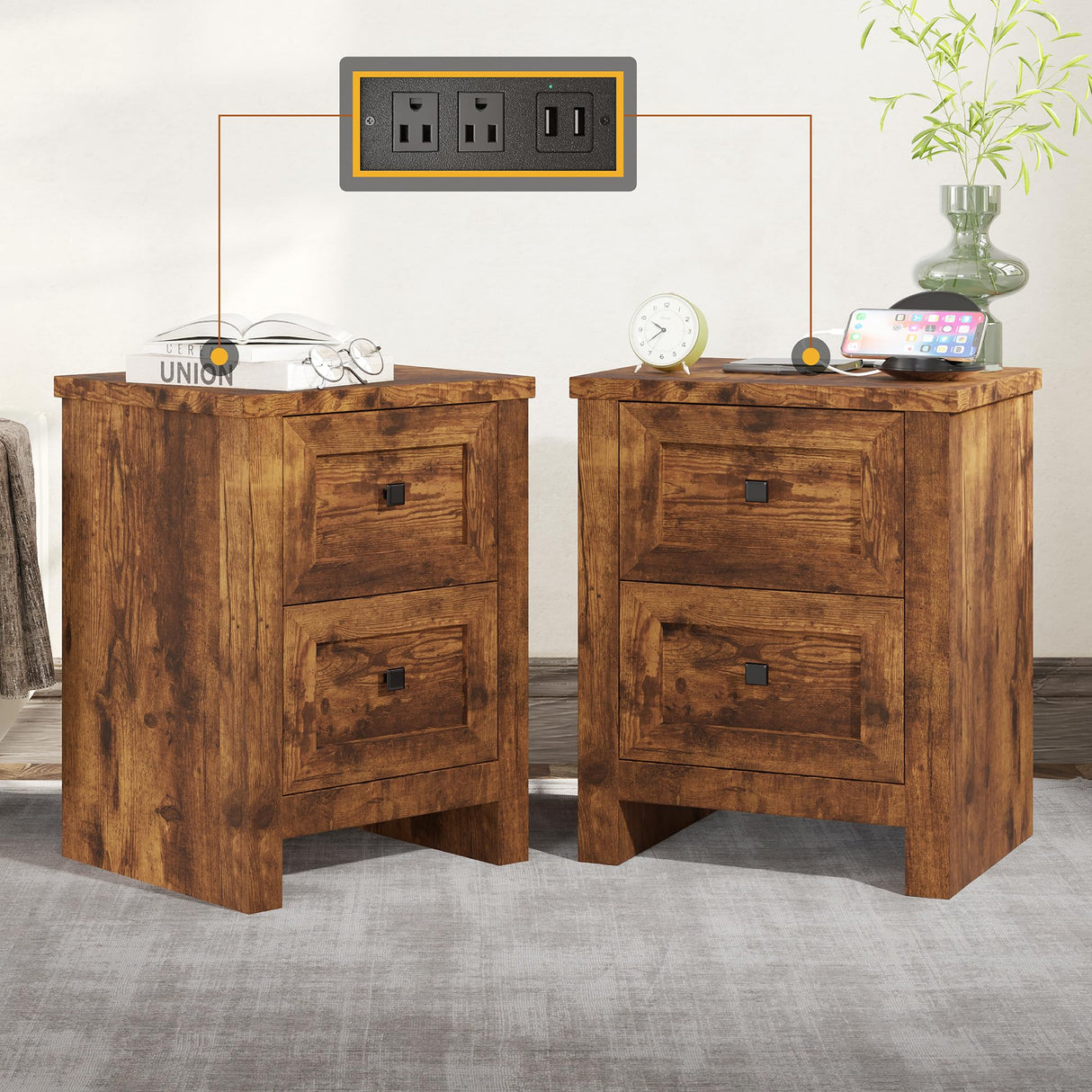 Nightstand Set of 2 with Charging Station