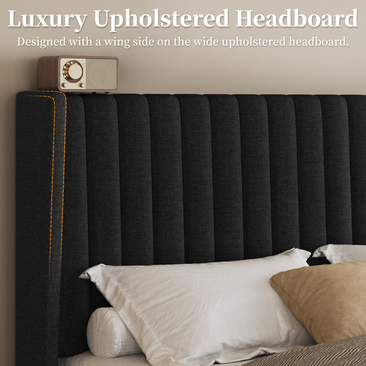 Queen Upholstered Platform Bed Frame with Fabric Headboard - Black