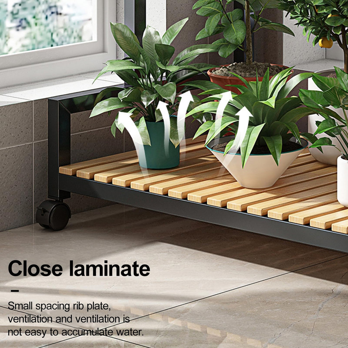 Rolling Rustic Plant Stand, 3 Tier Heavy Duty Metal Plant Shelf with Wheels Flower Plant Holder Shelves Rack with Pine Wood for Multiple Plants Indoor Home Outdoor Patio Balcony Yard Garden Black