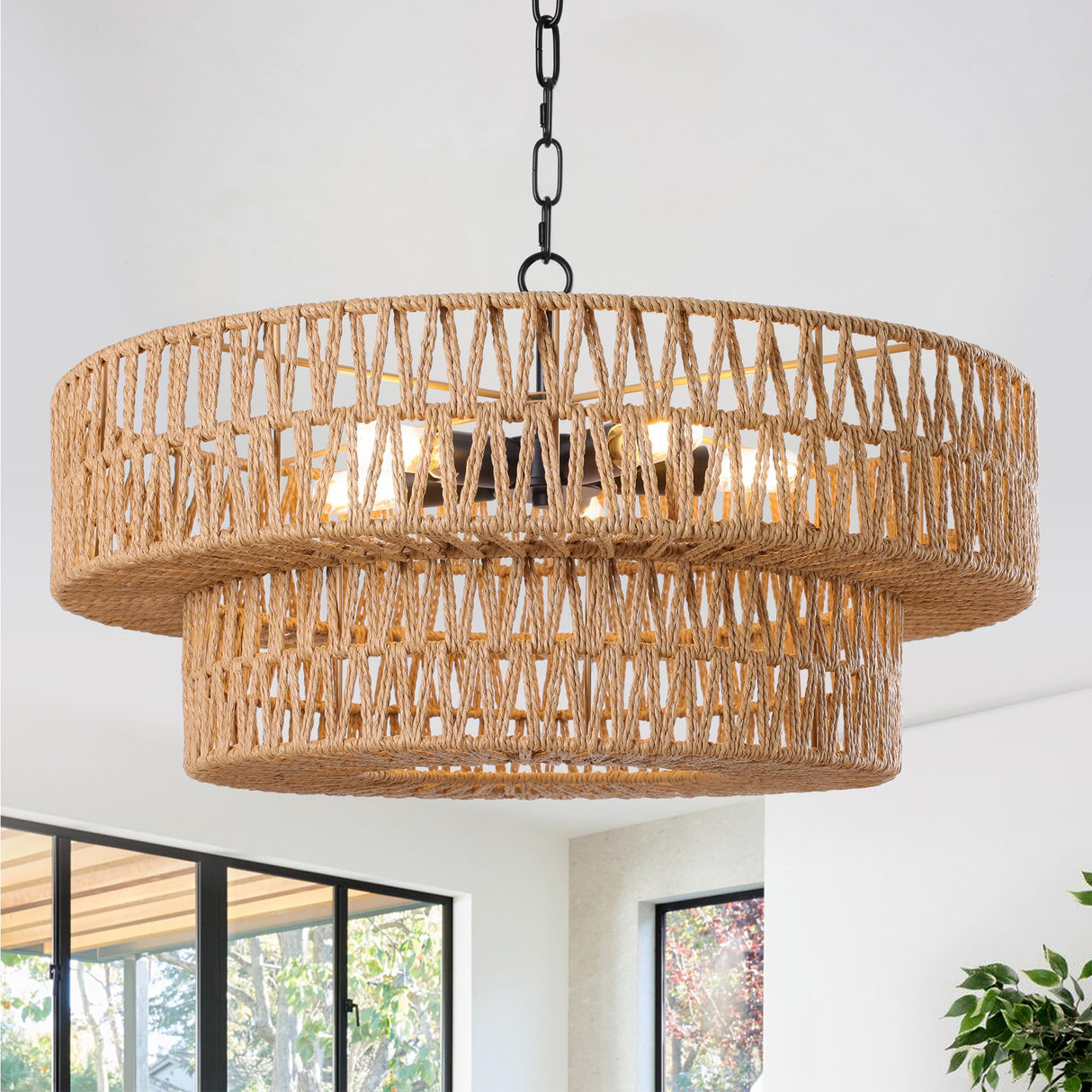 LamQee 22 Inch Farmhouse Rattan Chandeliers for Dining Room, 5 Lights Boho Chandelier Light Fixture with Hand Woven Wicker Shade, Large Rattan Pendant Lights Ceiling Hanging Lighting Kitchen Island