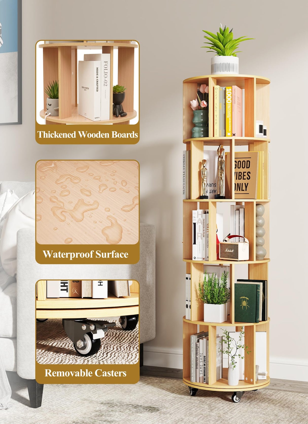 5 Tier Rotating Bookshelf with Wheels 360° Display Stackable Spinning Book shelf
