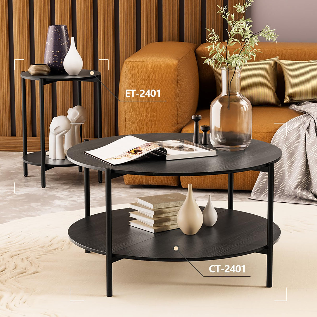 Round Coffee Table, 2-Tier 32.9" Circle Coffee Tables with Storage Wood Rustic