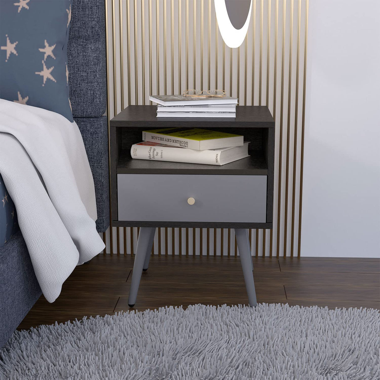 Black NightStands Set of 2,Mid Century Modern Night Stands with Drawer End Table Bedside Table for Bedroom, Small Cute Storage Cabinet for Living Room (Black)