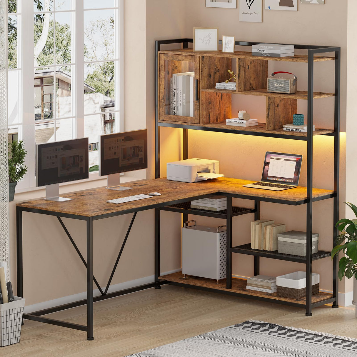 L Shaped Computer Desk, 58'' Office Desk with LED Light and Bookshelf
