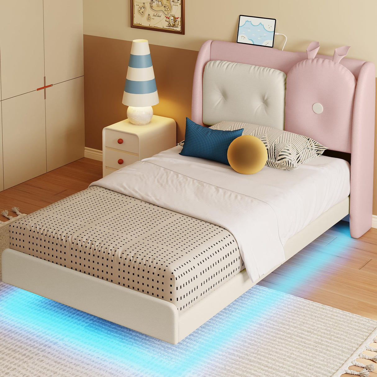 Twin Floating Bed Frame, Platform Bed Frame with Leather Upholstered Headboard