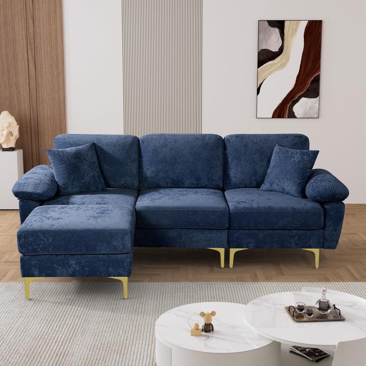 L Shaped Sectional Sofa Couch, 88.5" Comfy Upholstered Velvet 3 Seat Sofa Set