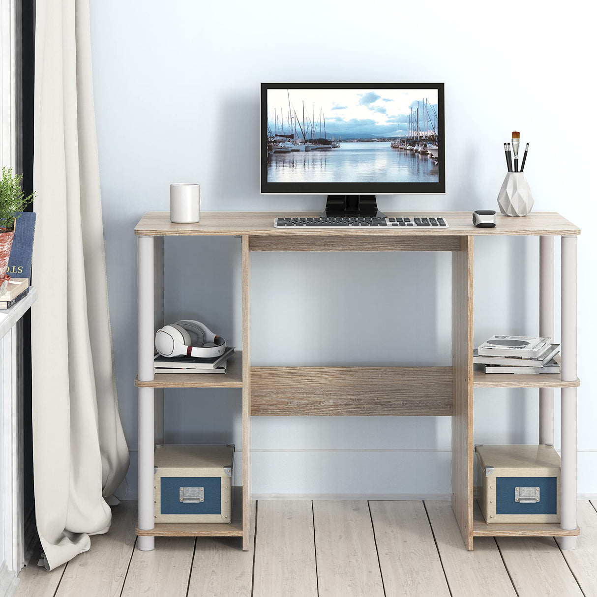 Home Office Wood Desk with Double Sided Shelves, Oak