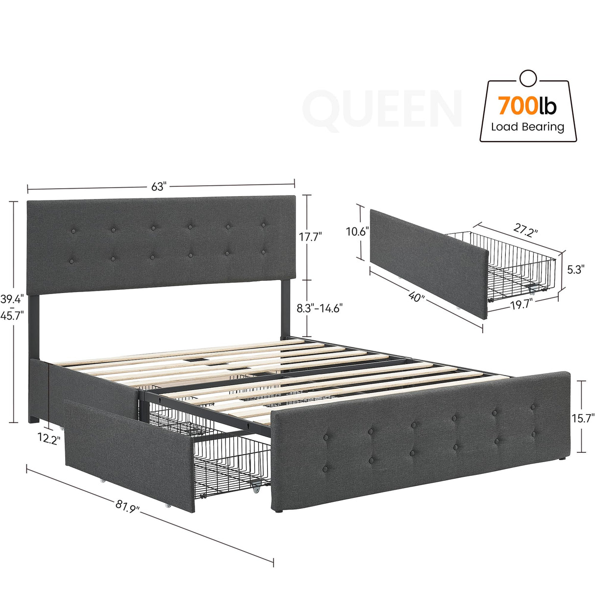 Queen Bed Frame with 4 Storage Drawers, Grey Tufted Design