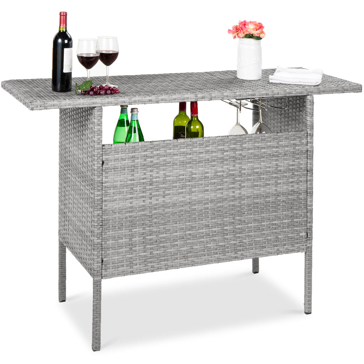 Outdoor Patio Wicker Bar Counter Table Backyard Furniture w/ 2 Steel Shelves and 2 Sets